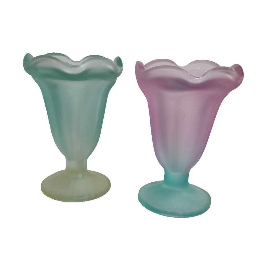 Set of 2 Frosted Sundae Glasses Green & Pink Ice Cream Dessert Cups Retro